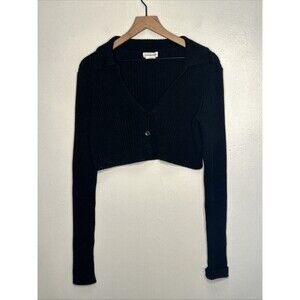 Lovers And Friends Cropped Cardigan Sweater Large Black Button Front Ribbed